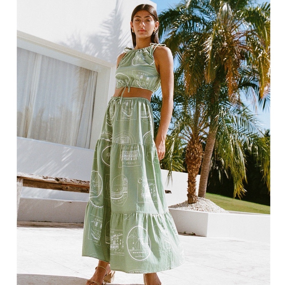 🌿 SABO Jade Green Luggage Labels Stamps Travel Destinations Print Top Skirt Set